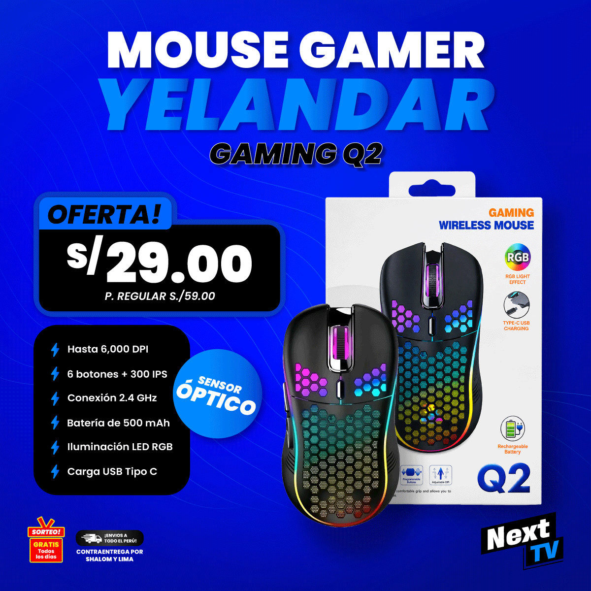 MOUSE INALÁMBRICO RGB YELANDAR Q2 - PC425