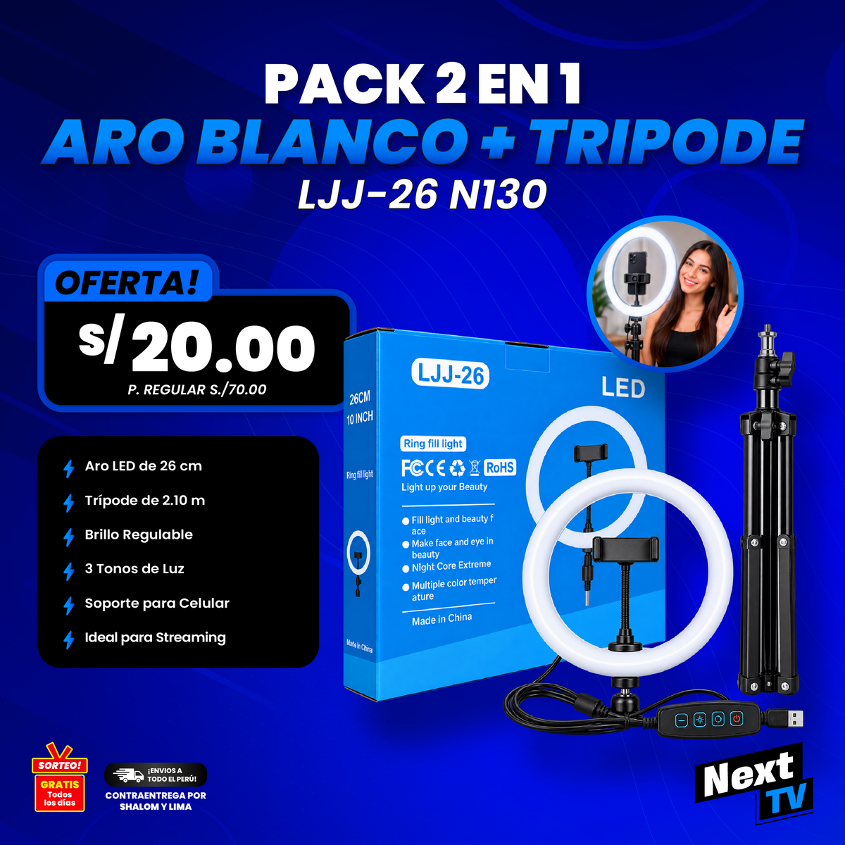 PACK 2 EN 1 DE ARO DE 26CM + TRIPODE DE 2.10CM N130