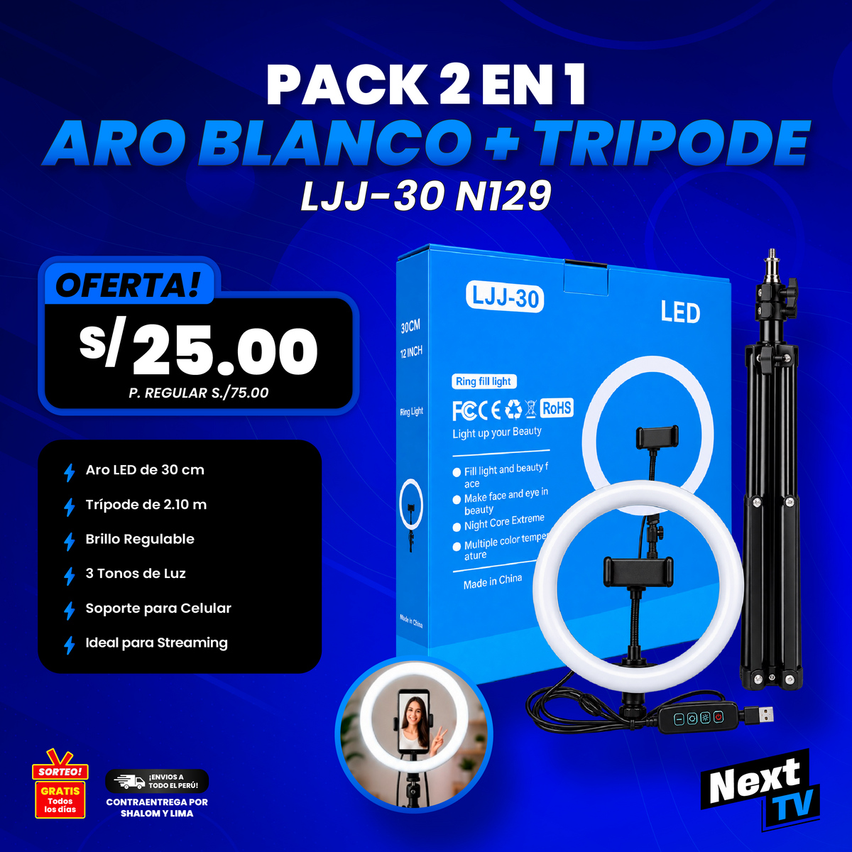 PACK 2 EN 1 ARO DE 30CM +TRIPODE 2.10CM N129