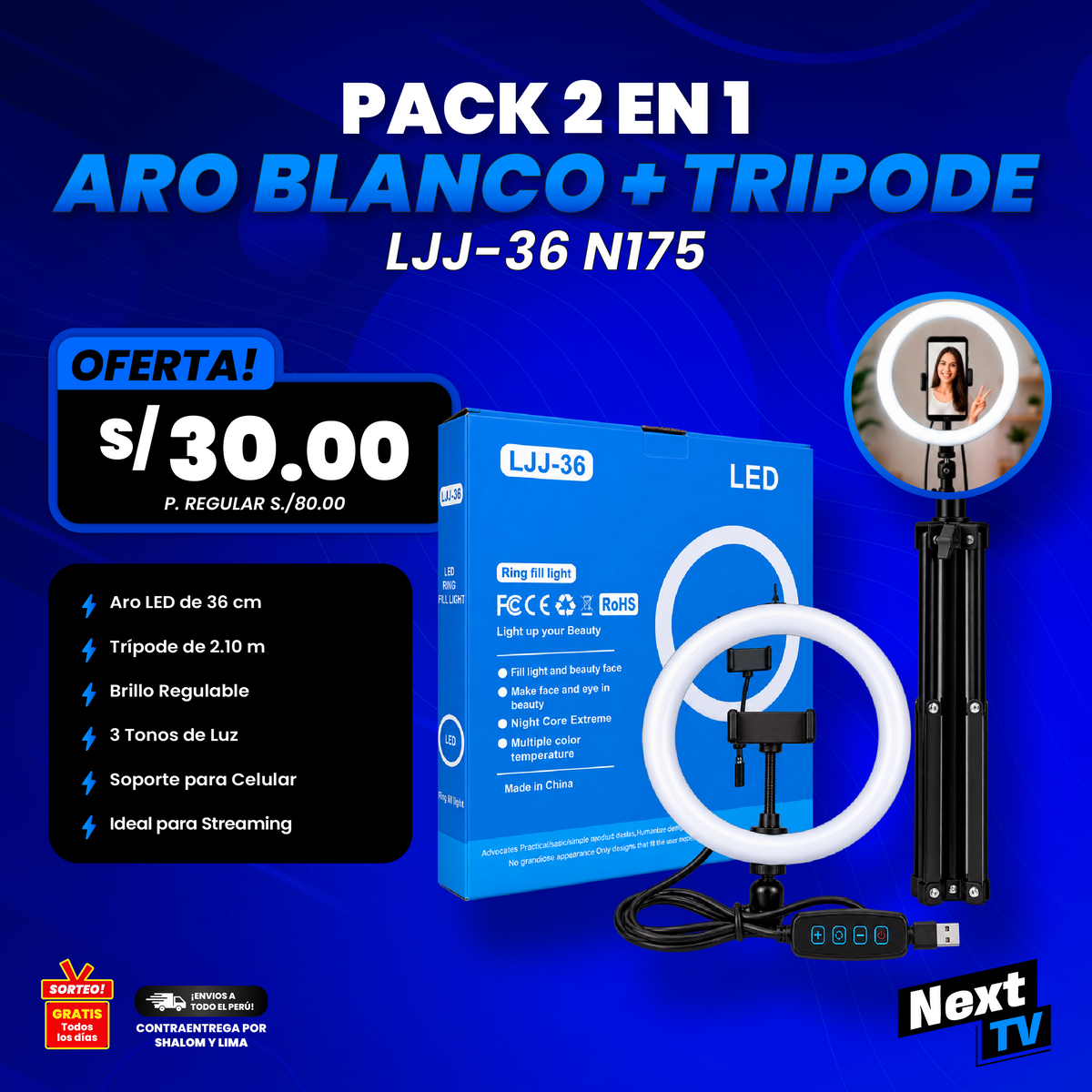 PACK 2 EN 1 ARO DE 36CM + TRIPPODE DE 2.10 N175