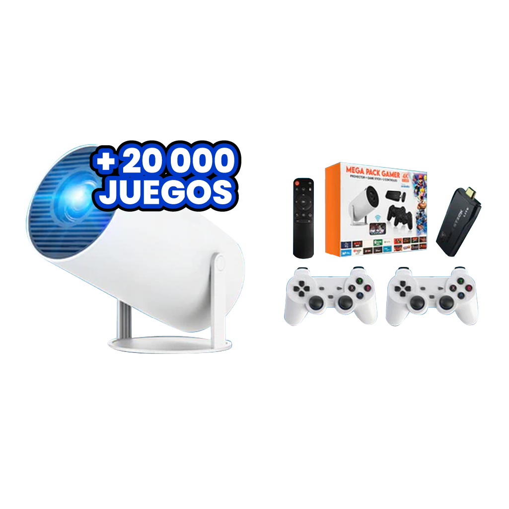MEGA PACK GAMER – Proyector + Game Stick 4K + 2 Controles Inalámbricos