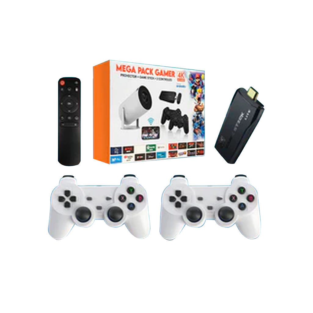 MEGA PACK GAMER – Proyector + Game Stick 4K + 2 Controles Inalámbricos