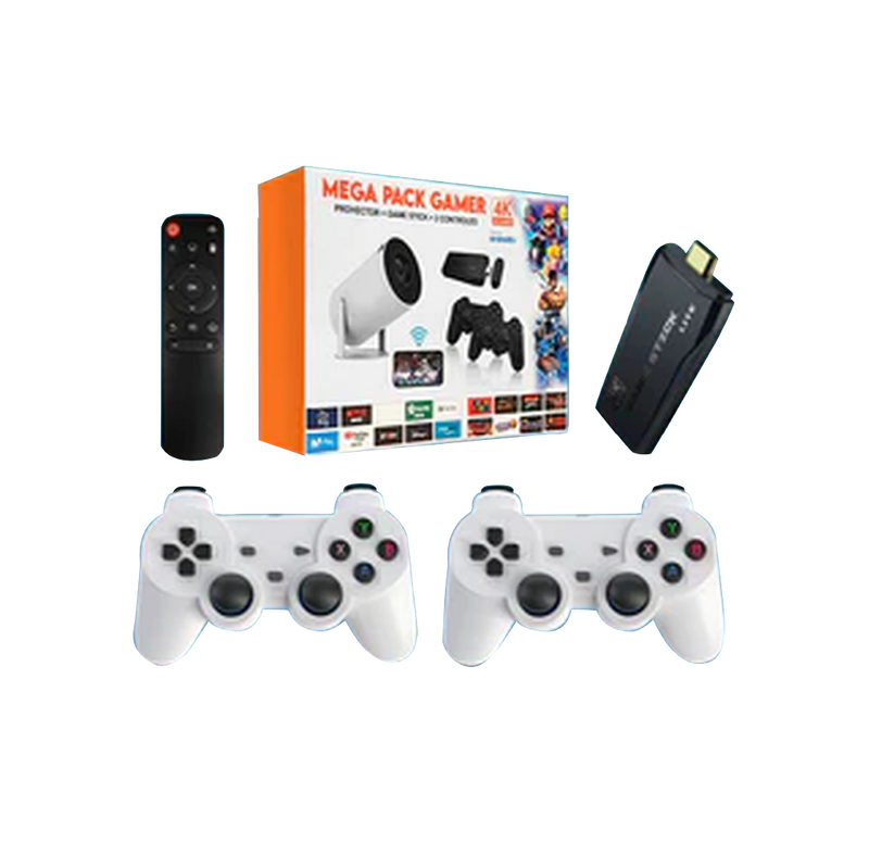 MEGA PACK GAMER – Proyector + Game Stick 4K + 2 Controles Inalámbricos