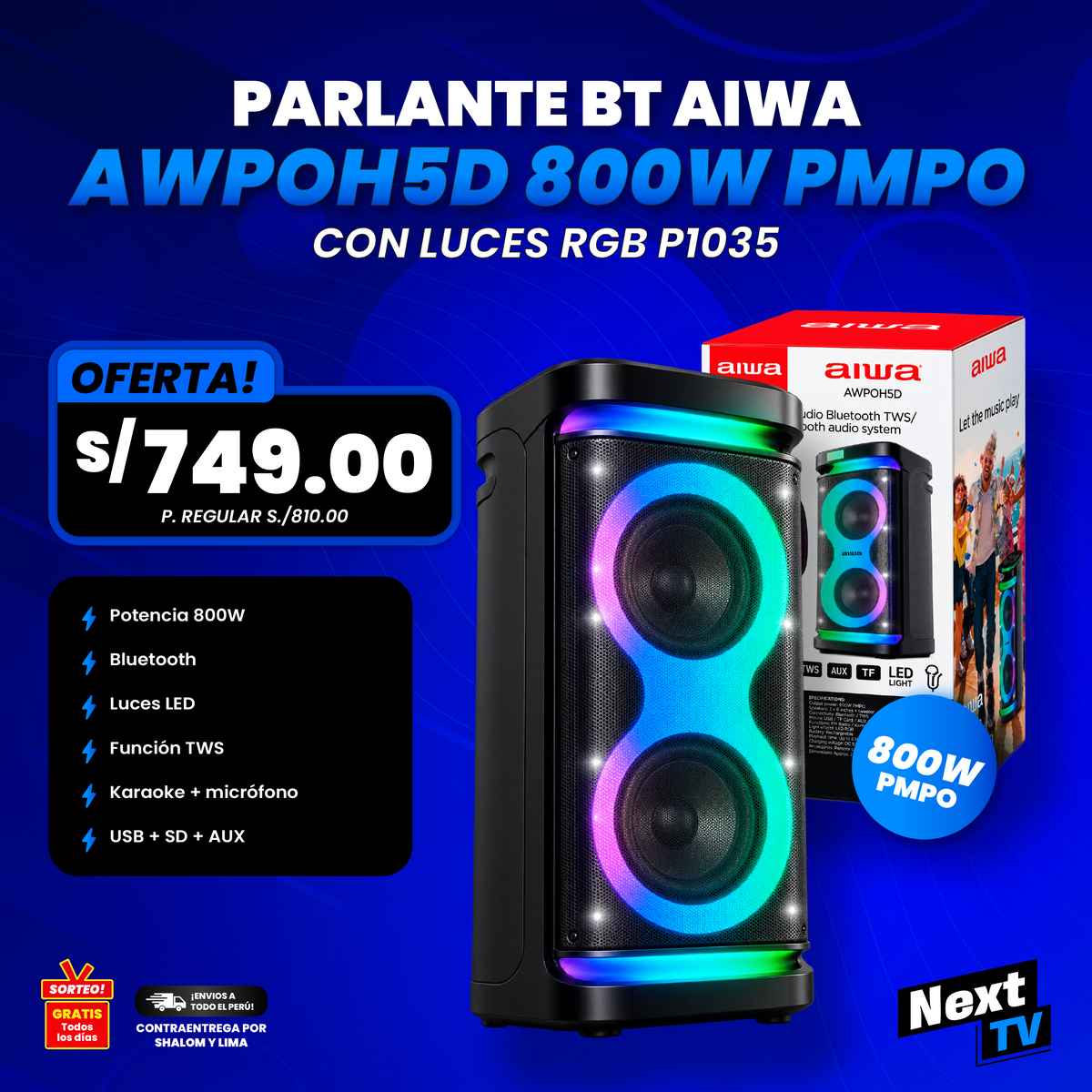 PARLANTE BT AIWA AWPOH5D 800W PMPO CON LUCES RGB P1035