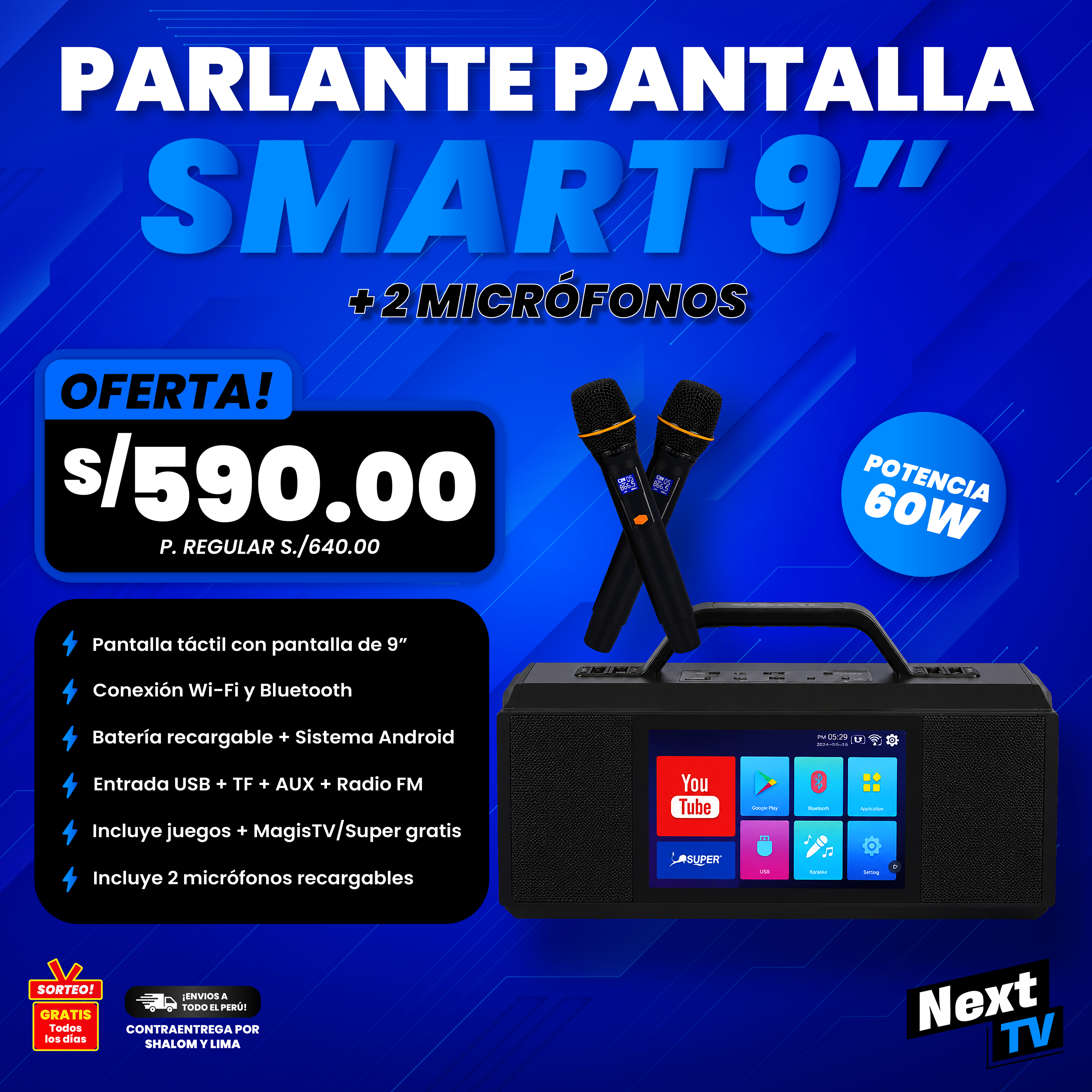 PARLANTE CON PANTALLA 9” + 2 MICRÓFONOS SUPER