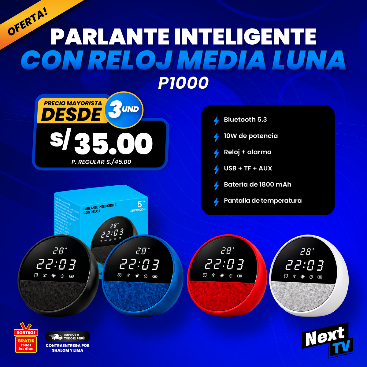 PARLANTE INTELIGENTE CON RELOJ MEDIA LUNA P1000 - PRECIO MAYORISTA