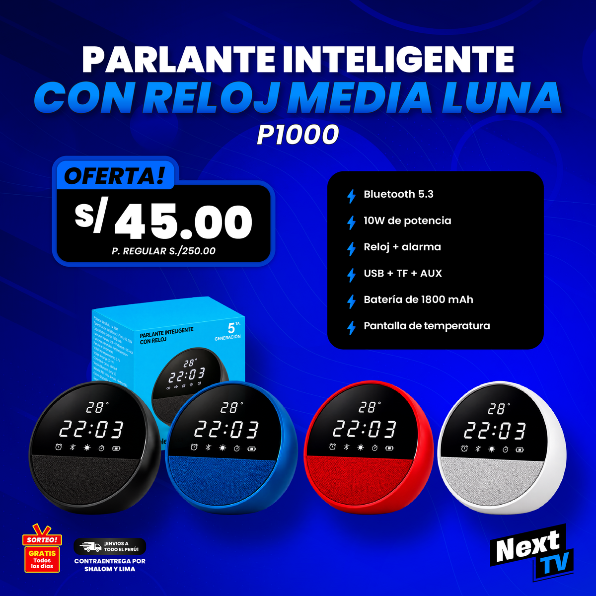 PARLANTE INTELIGENTE CON RELOJ MEDIA LUNA P1000