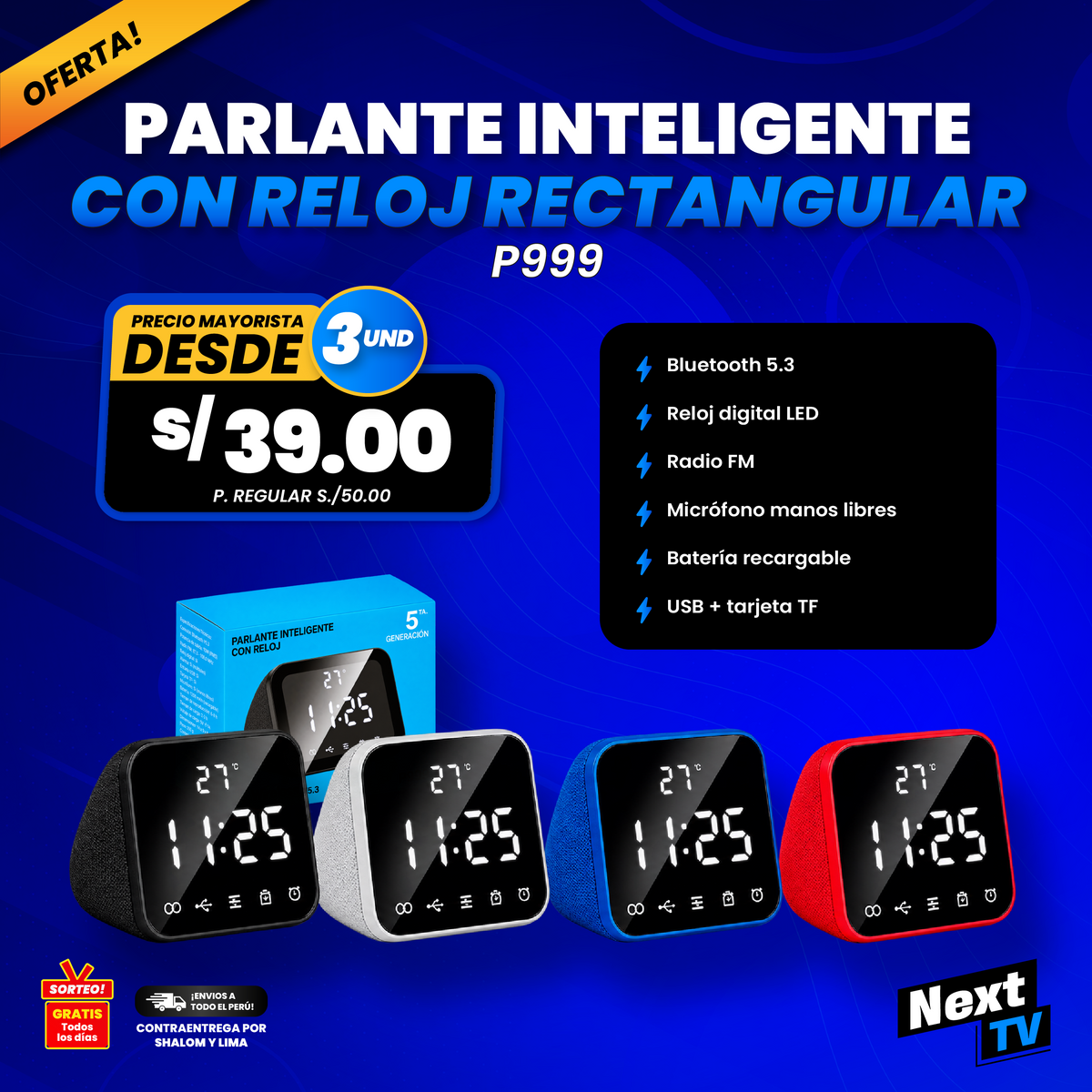 PARLANTE INTELIGENTE CON RELOJ RECTANGULAR P999 - PRECIO MAYORISTA