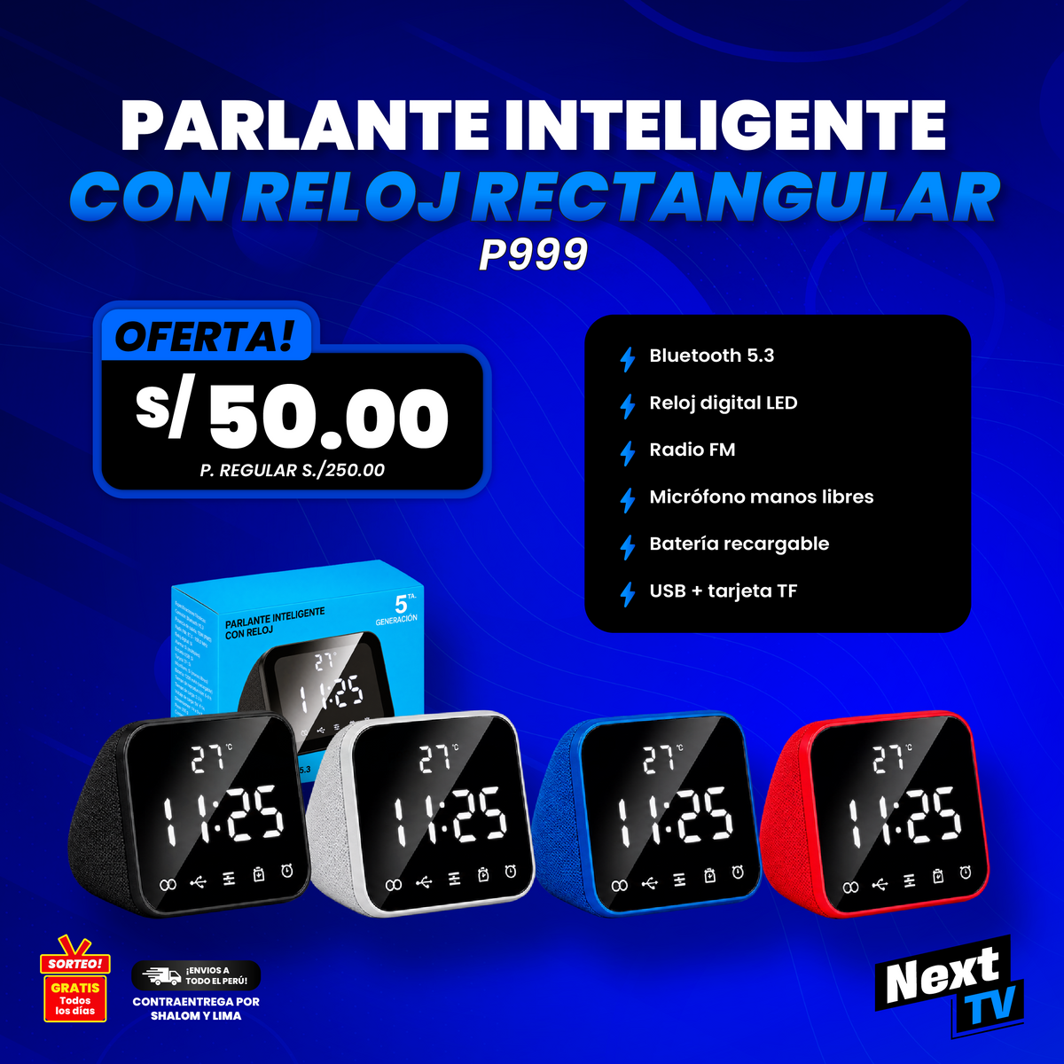 PARLANTE INTELIGENTE CON RELOJ RECTANGULAR P999