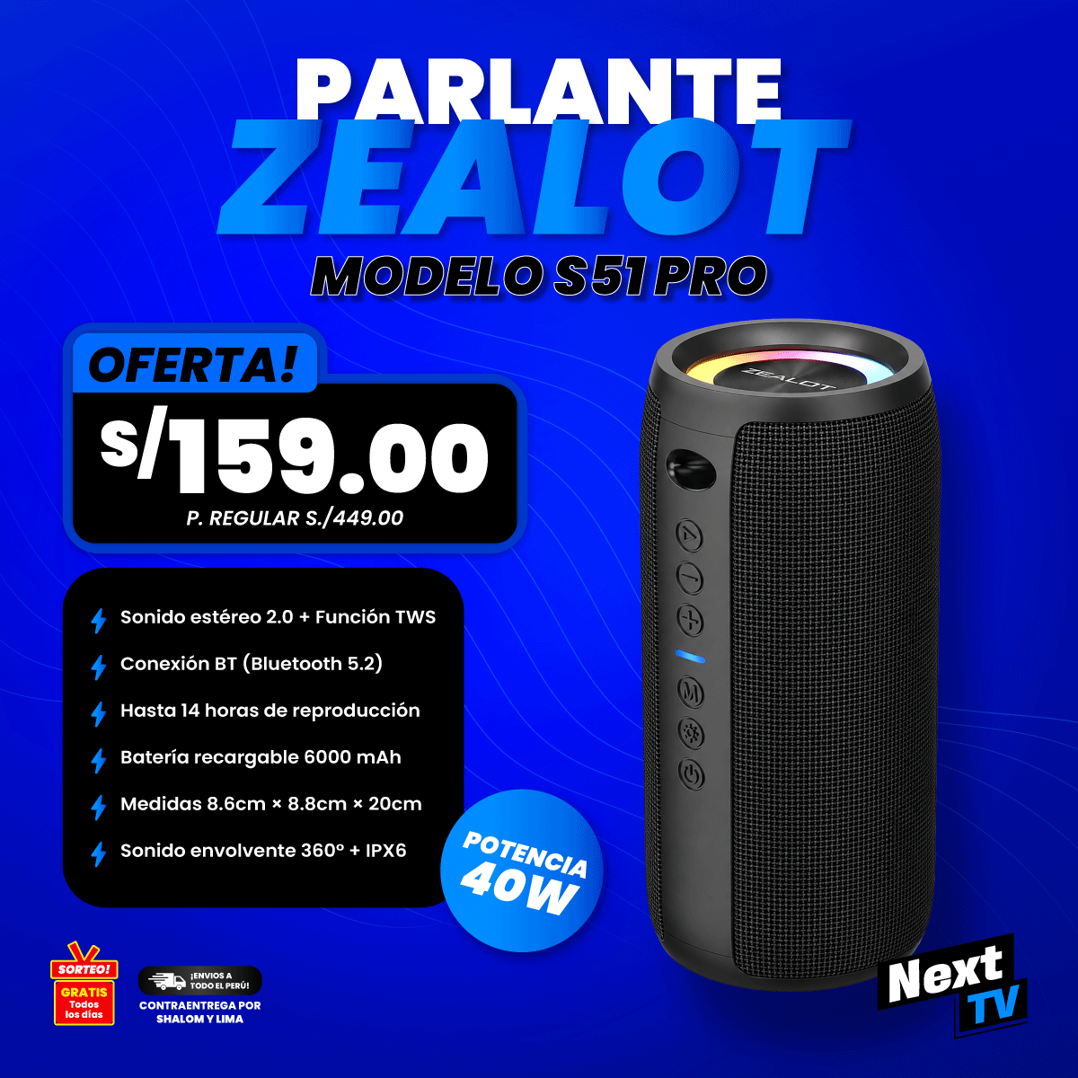 PARLANTE ZEALOT S51 PRO 40W