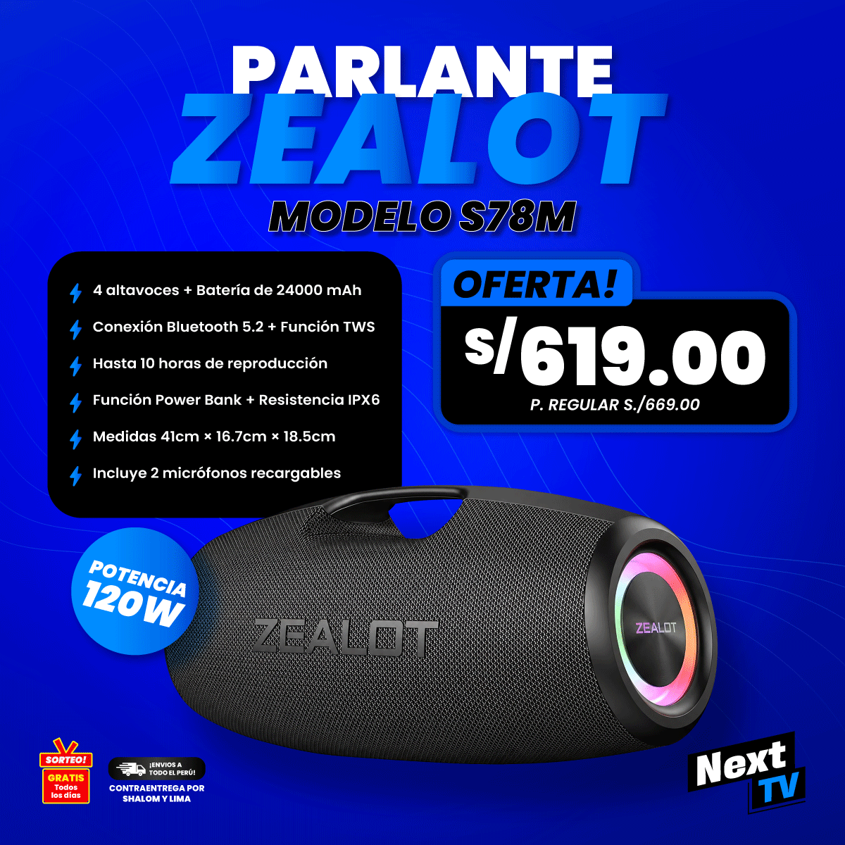 PARLANTE ZEALOT S78M 120W + 2 MICRÓFONOS