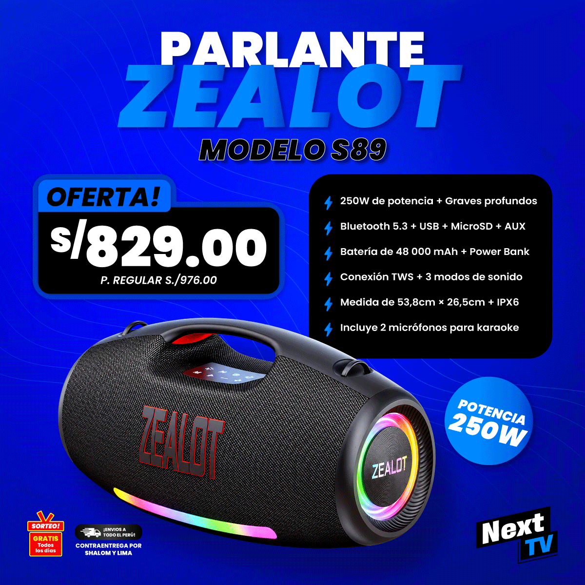 PARLANTE ZEALOT S89 250W + 2 MICRÓFONOS - P1082
