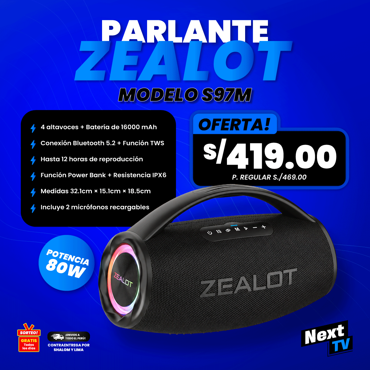 PARLANTE ZEALOT S97M 80W + 2 MICRÓFONOS