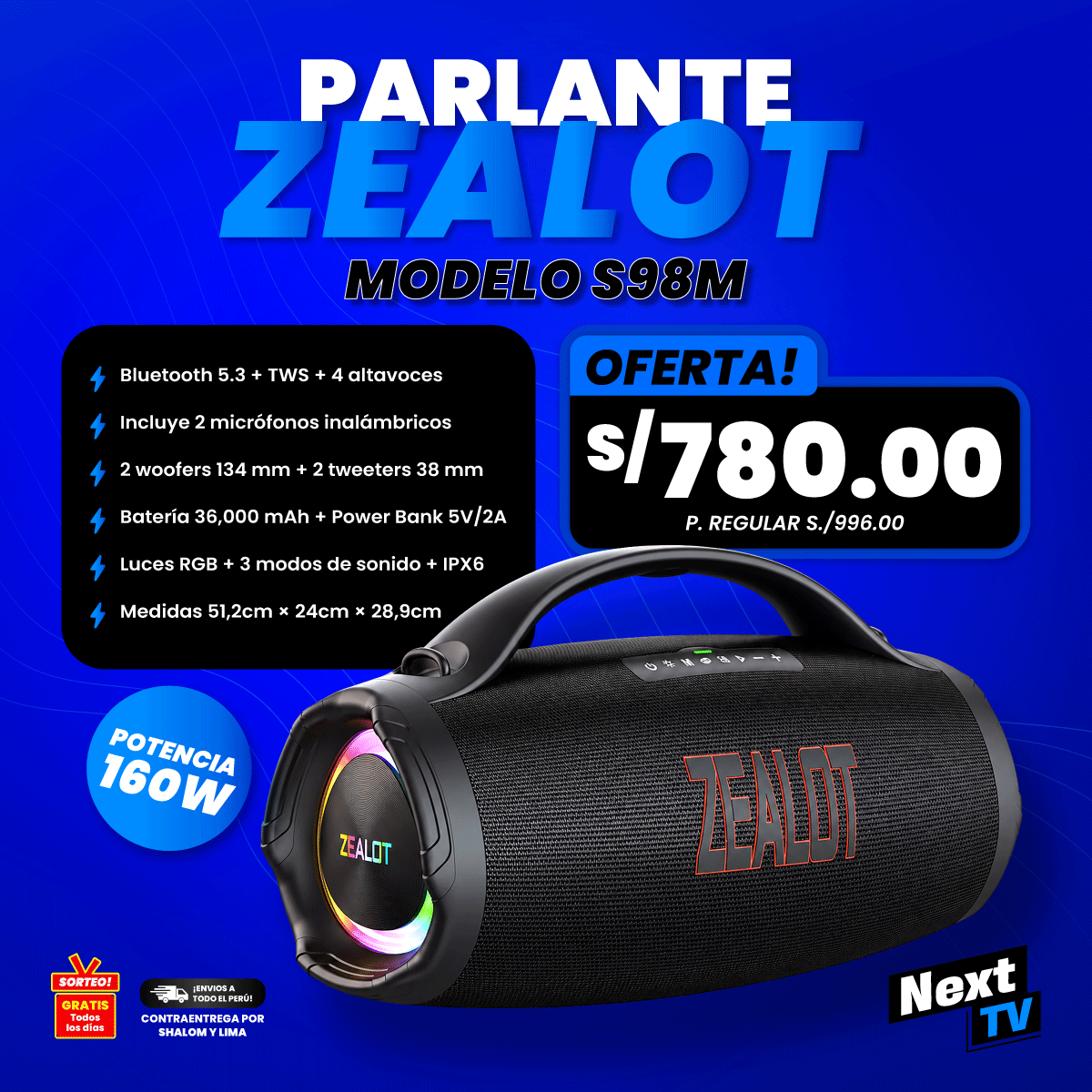 PARLANTE ZEALOT S98M 160W + 2 MICRÓFONOS - P1083