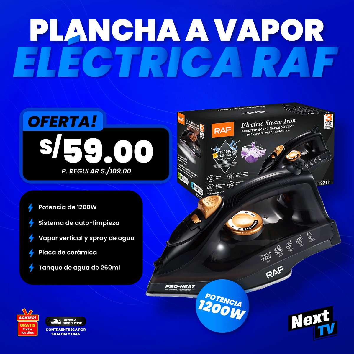 PLANCHA A VAPOR ELÉCTRICA RAF 1200W