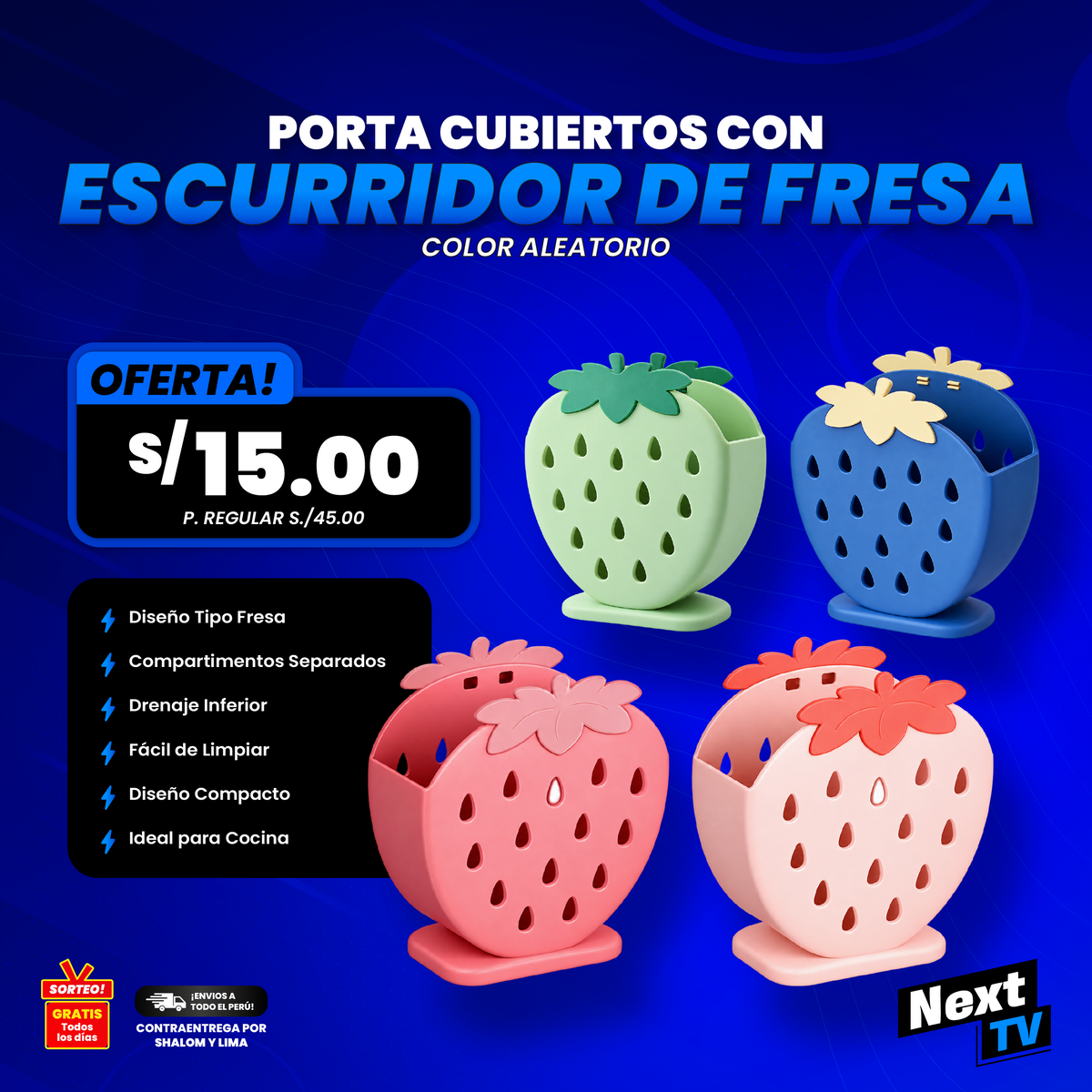 PORTA CUBIERTOS CON ESCURRIDOR DE FRESA - COLOR ALEATORIO