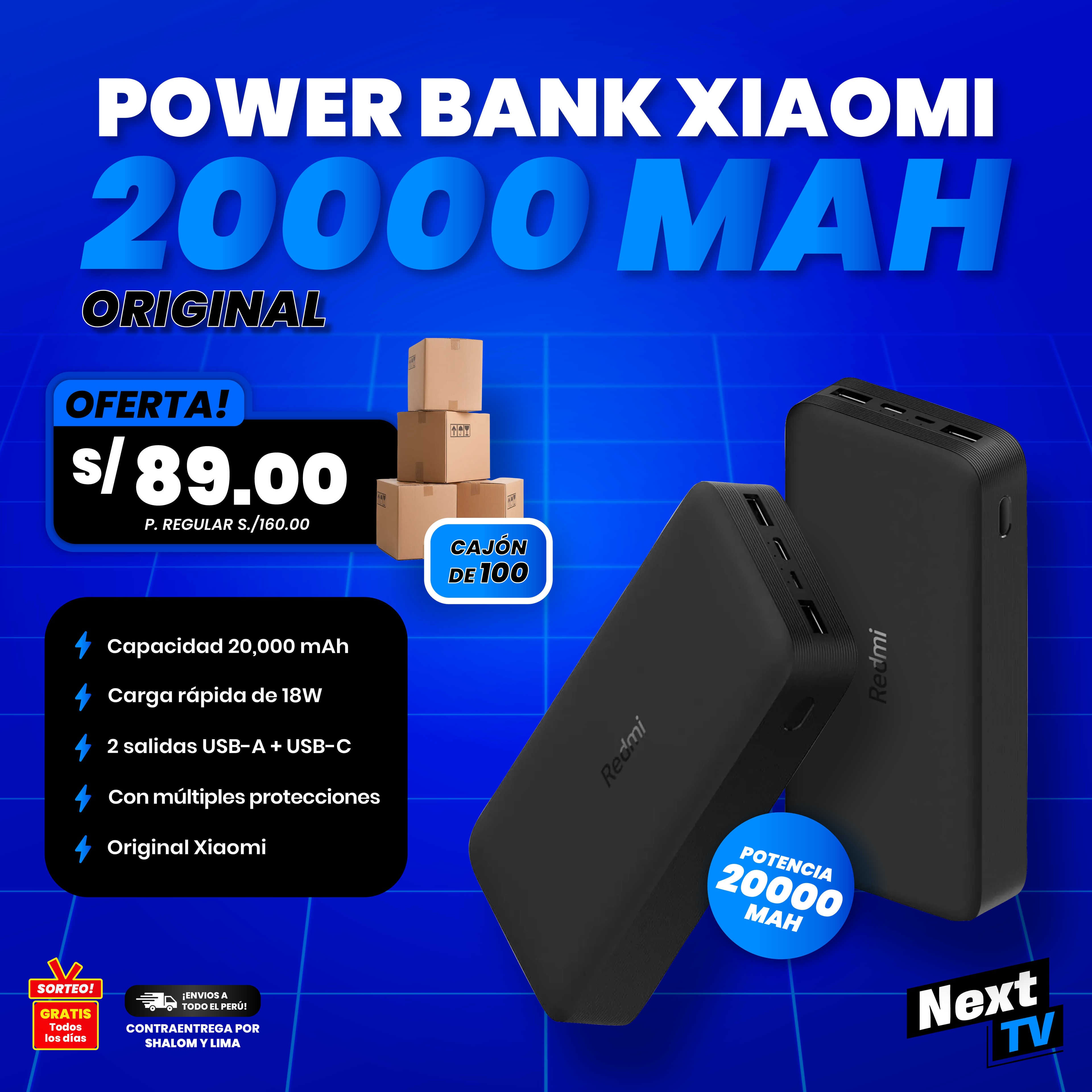 POWER BANK XIAOMI DE 20000 MAH ORIGINAL CAJON DE 100