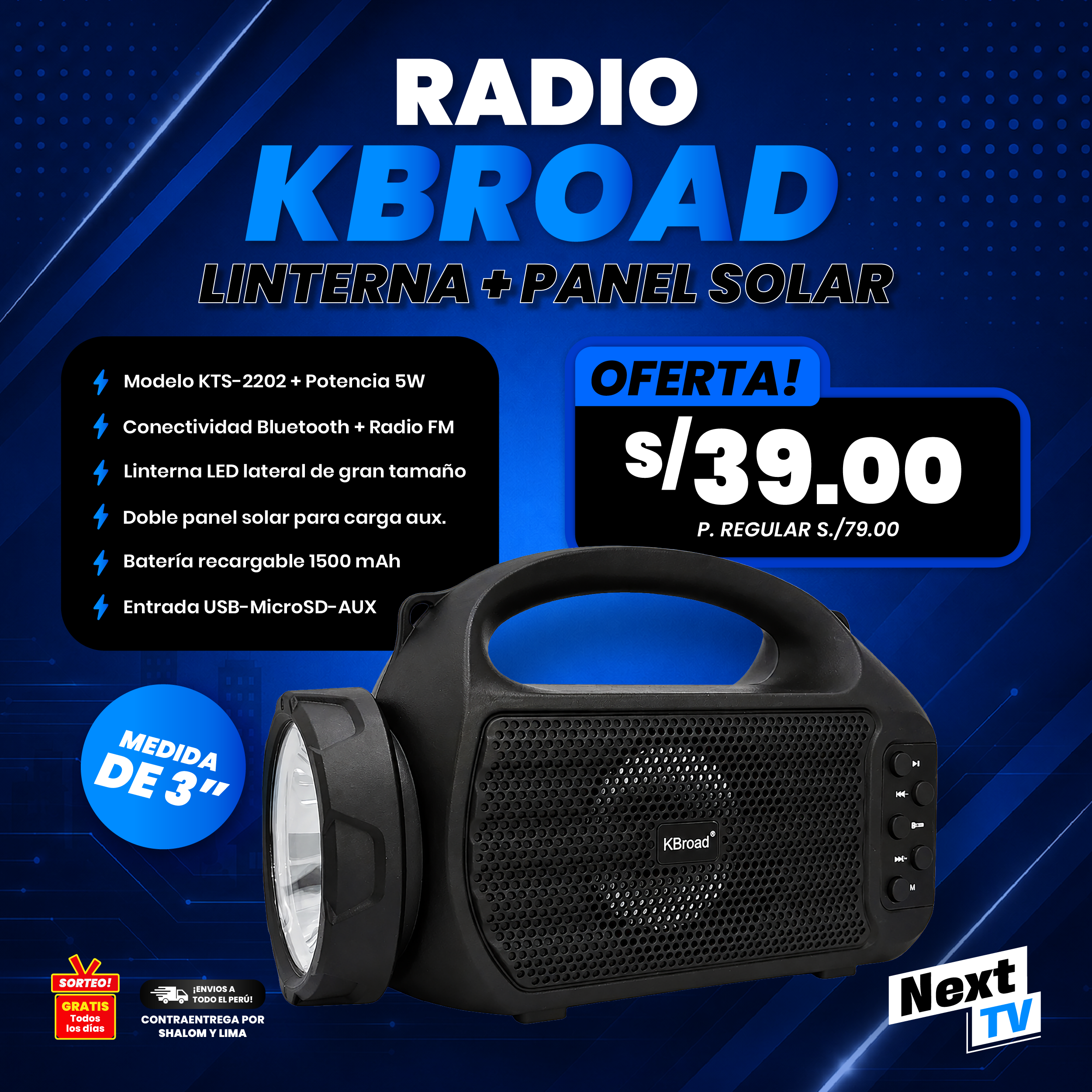 RADIO KBROAD - LINTERNA + PANEL SOLAR KTS-2202 - P659