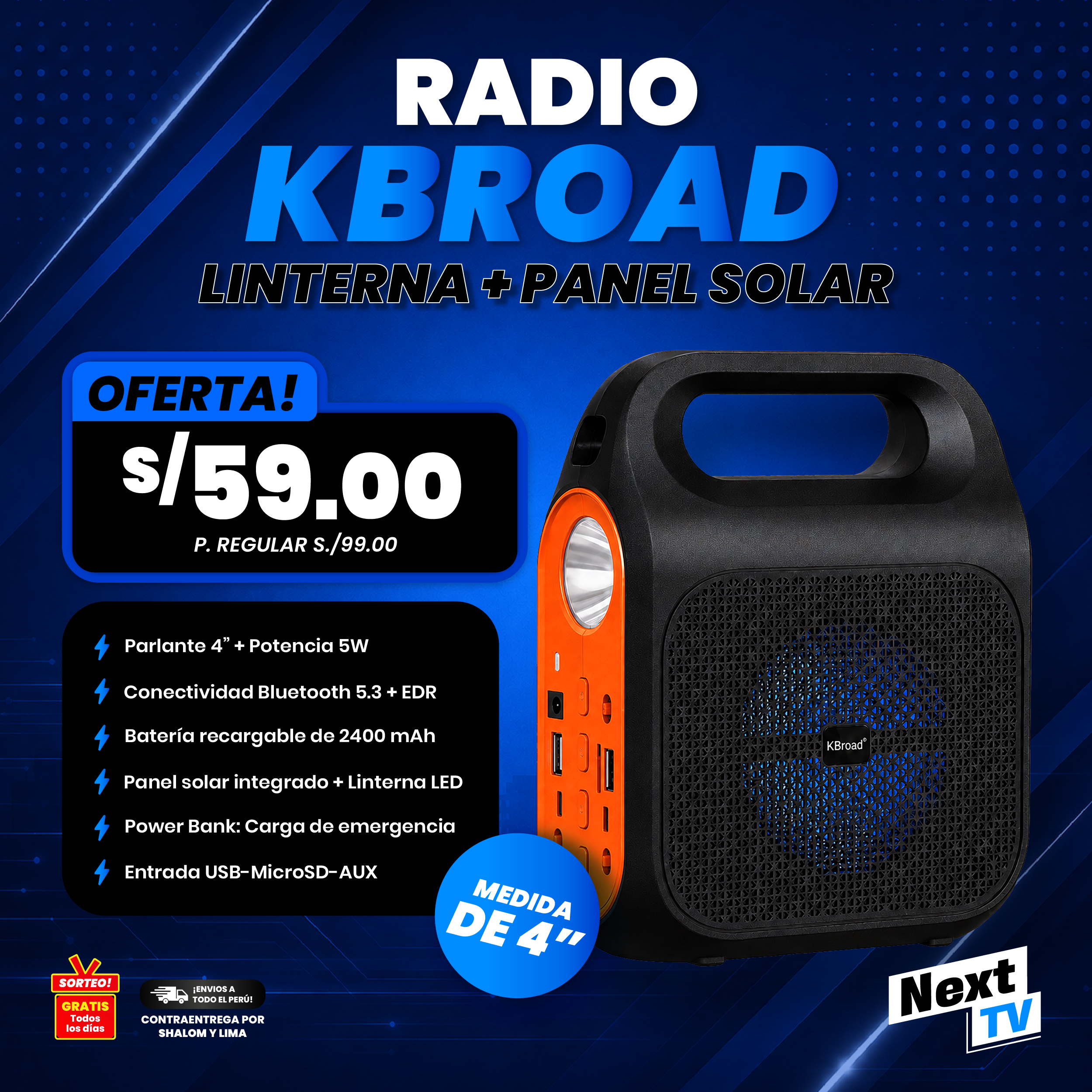 RADIO KBROAD - LINTERNA + PANEL SOLAR KTS-2469 - P925