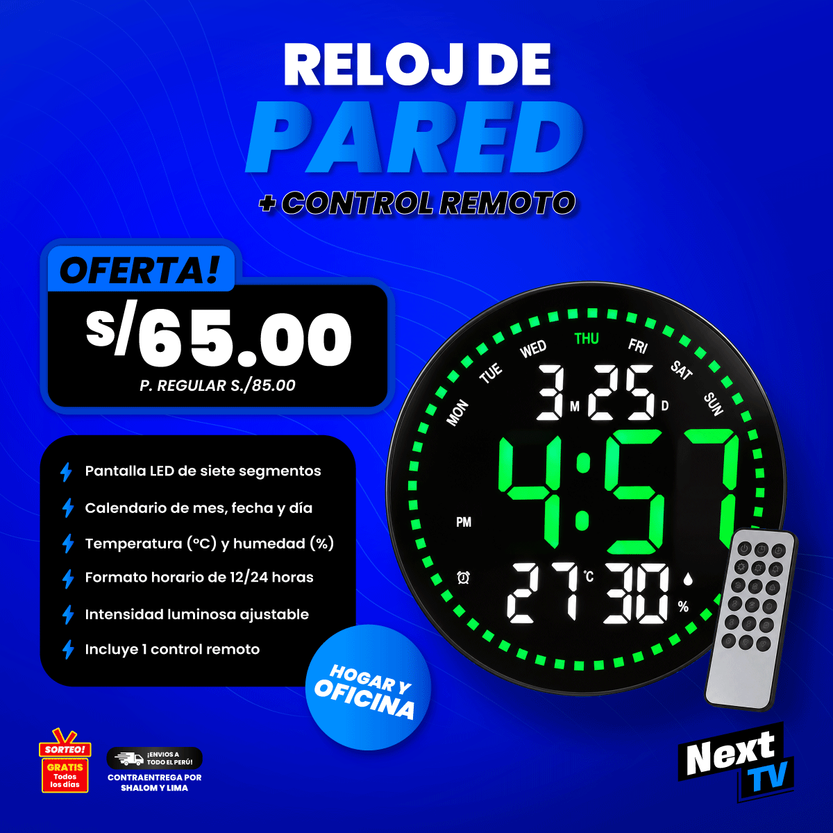 RELOJ DE PARED + CONTROL REMOTO - N2370