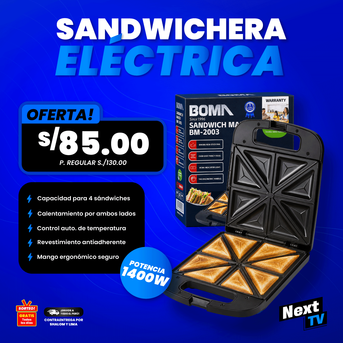SANDWICHERA ELÉCTRICA 1400W BM-2003