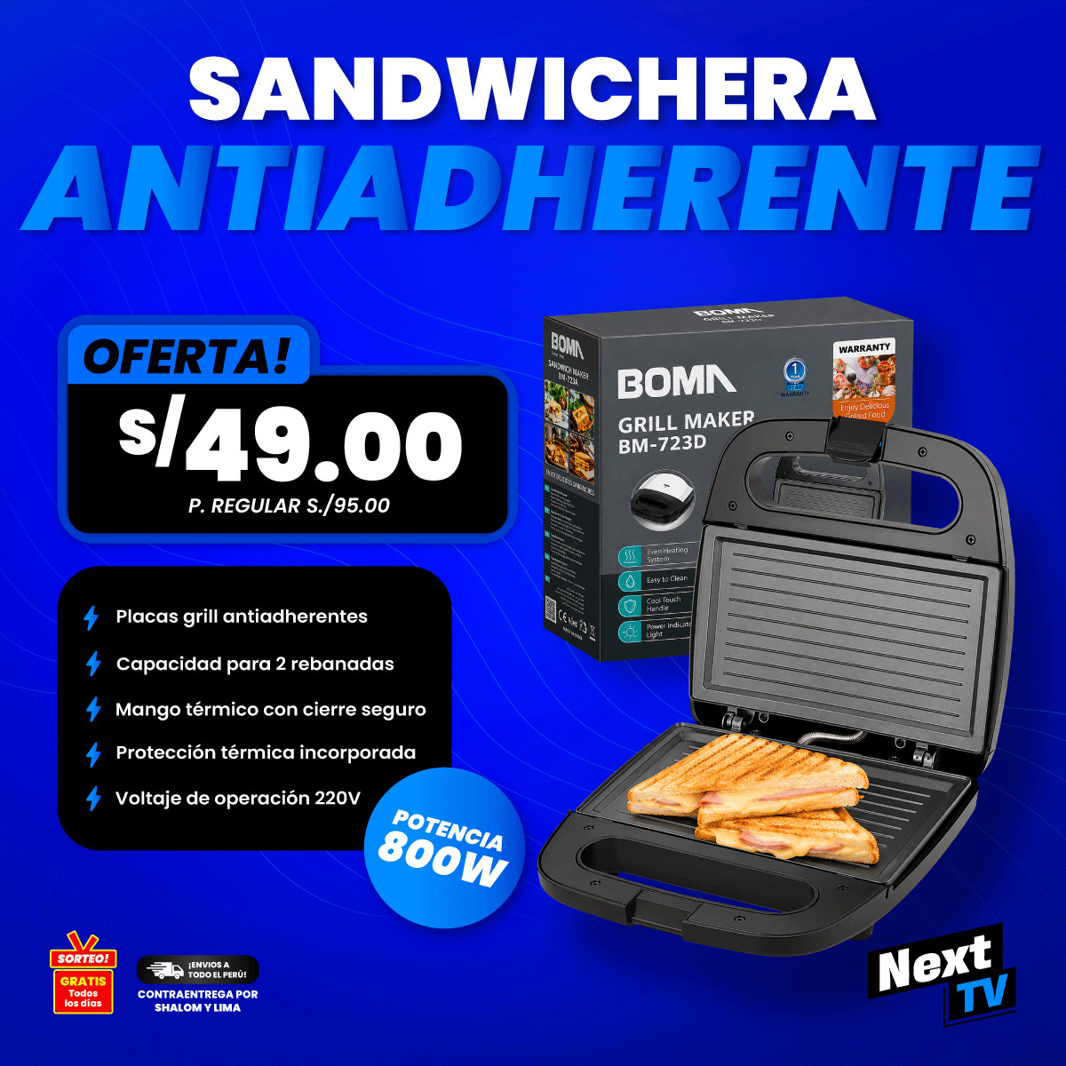 SANDWICHERA ELÉCTRICA 800W BM-723D