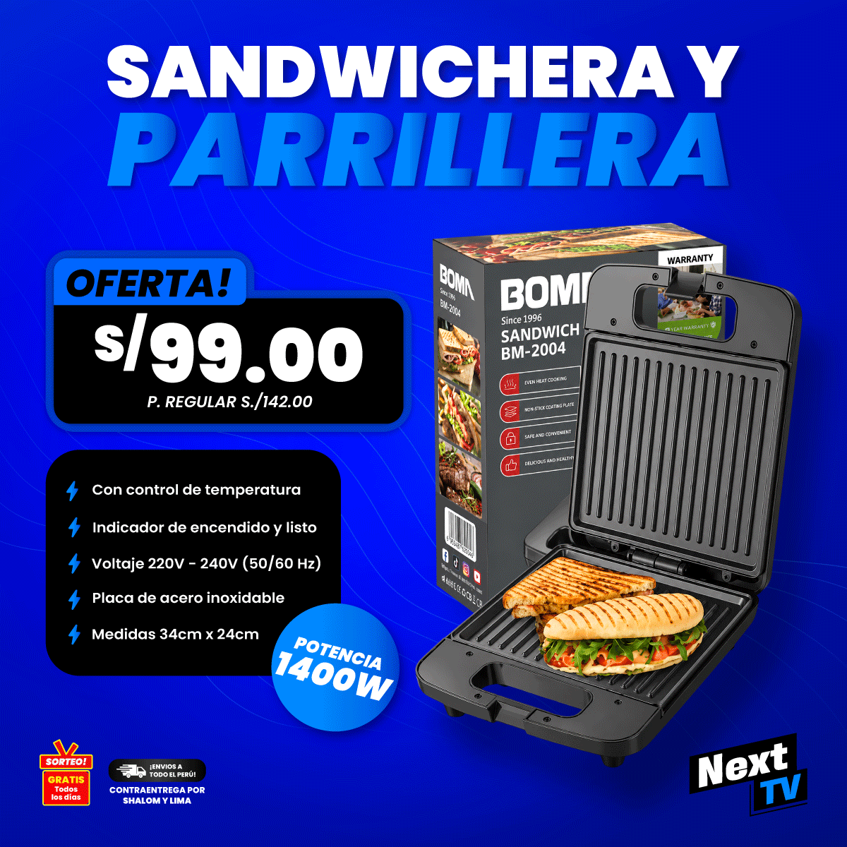 SANDWICHERA Y PARRILLERA 1400W