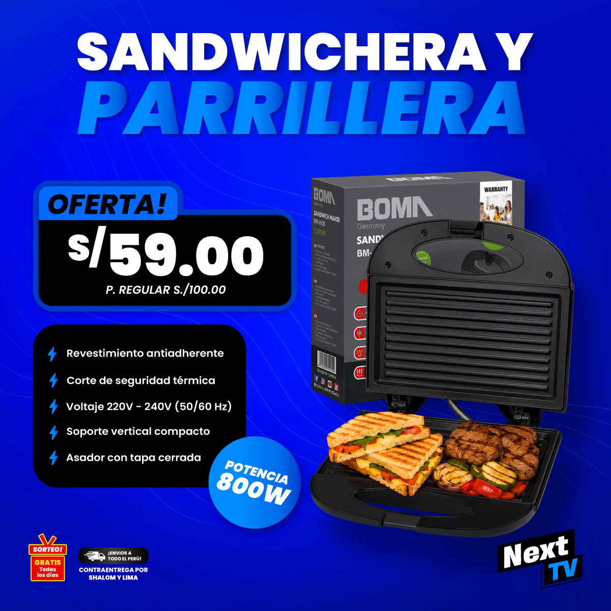 SANDWICHERA Y PARRILLERA 800W
