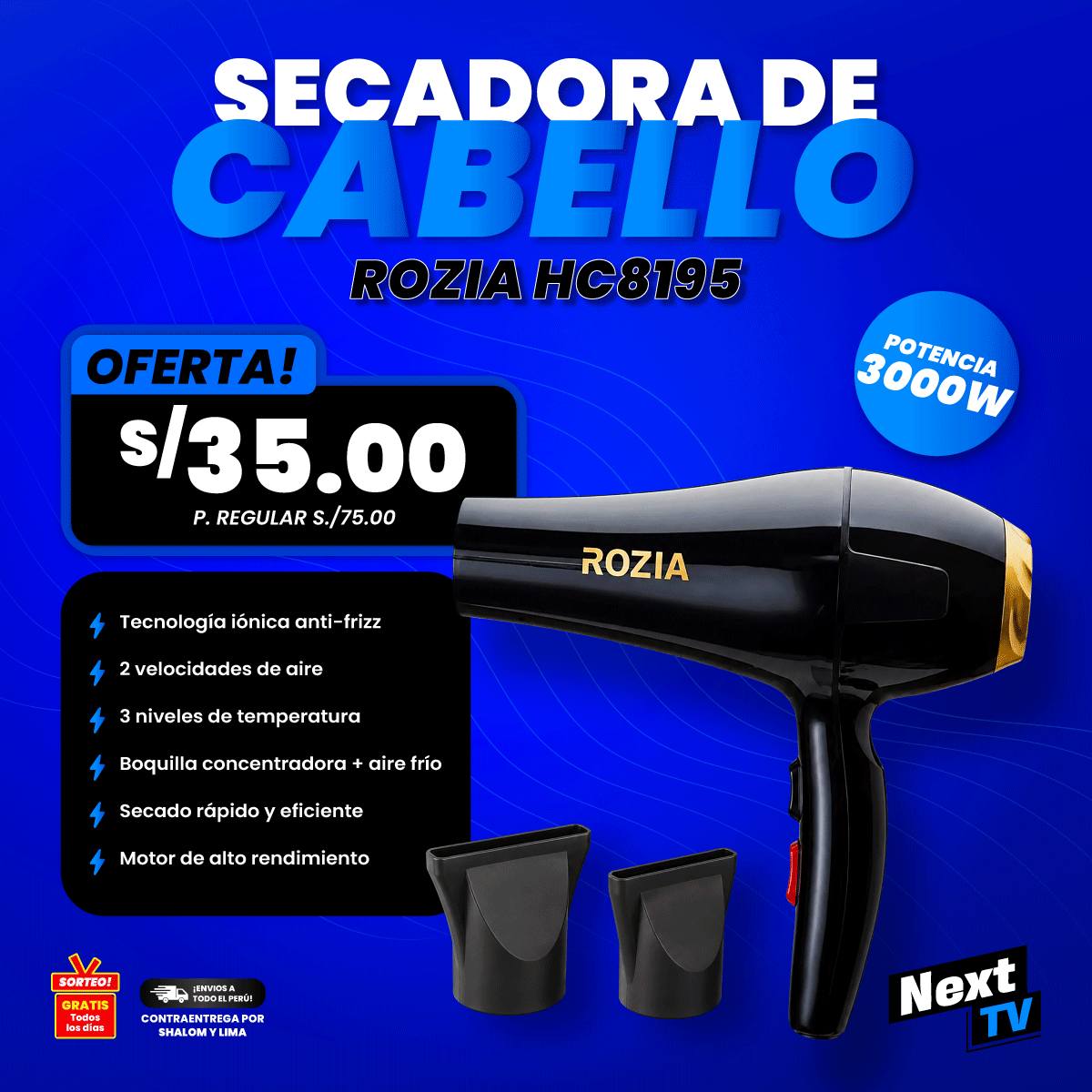 SECADORA DE CABELLO ROZIA HC8195 3000W - L837