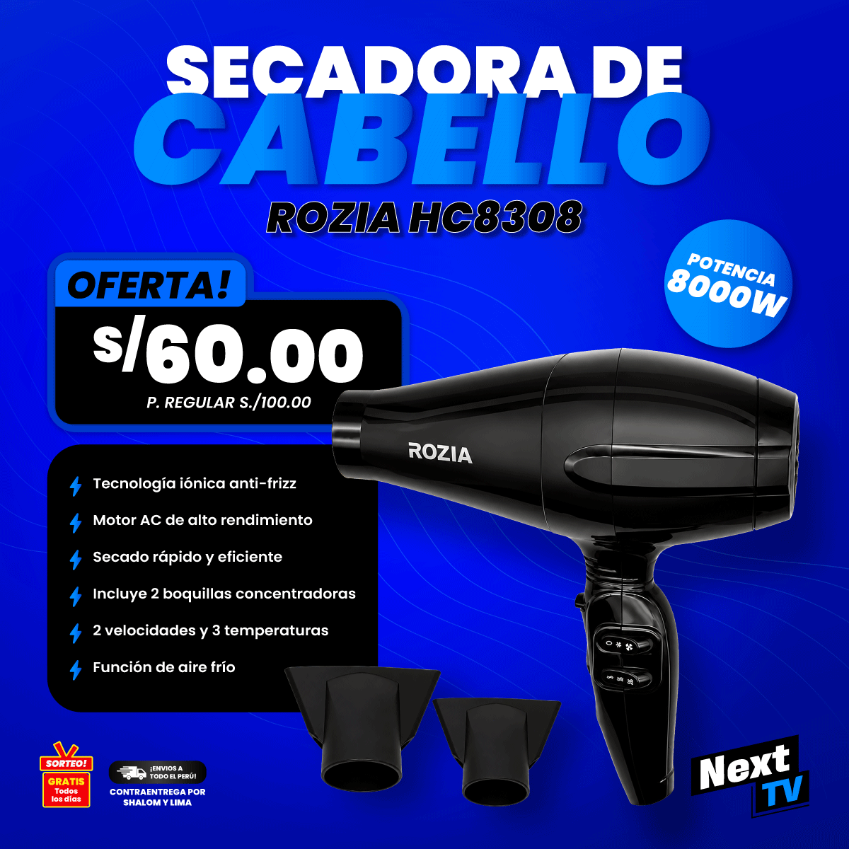 SECADORA DE CABELLO ROZIA HC8308 8000W - L838