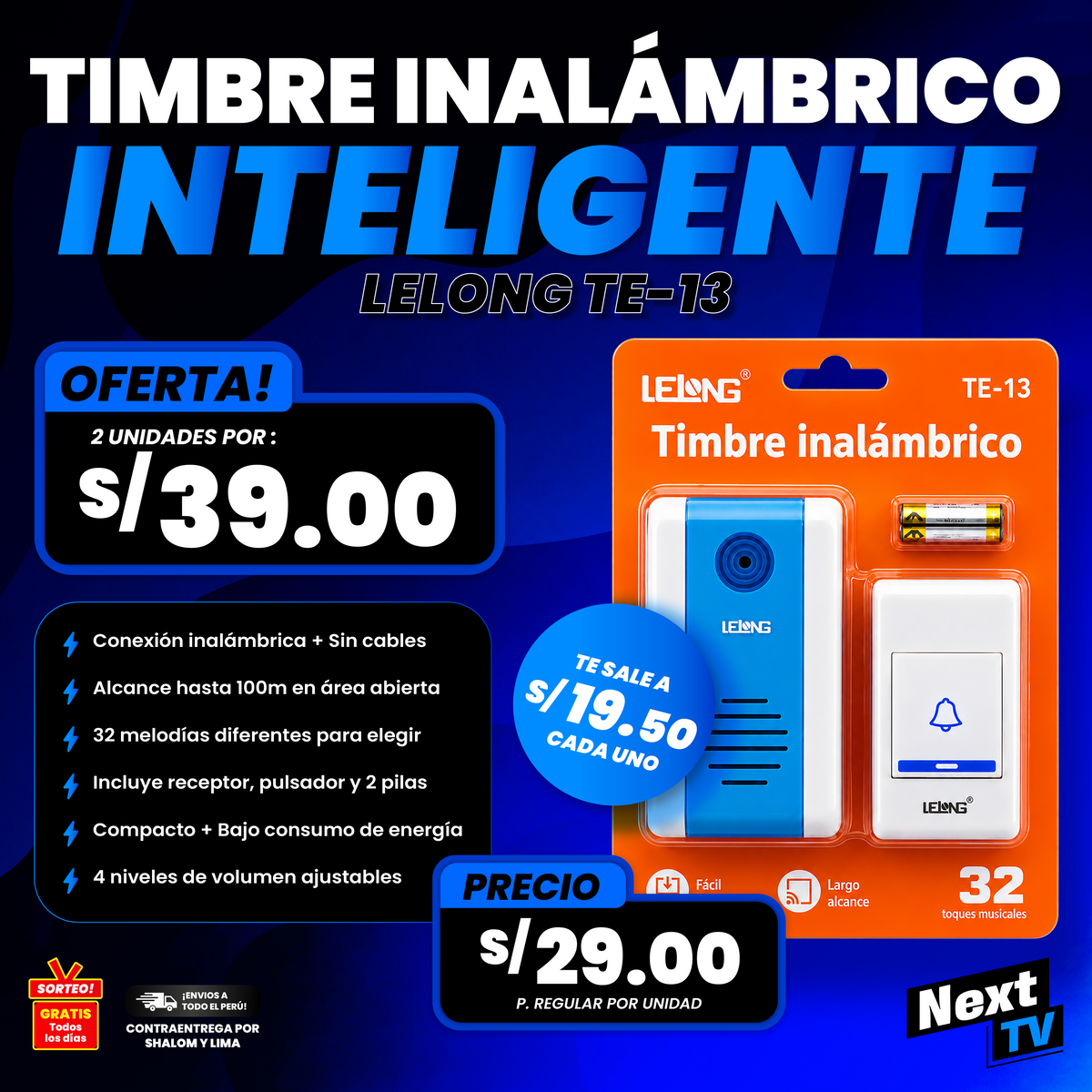 TIMBRE INALÁMBRICO INTELIGENTE LELONG TE-13 - N2313