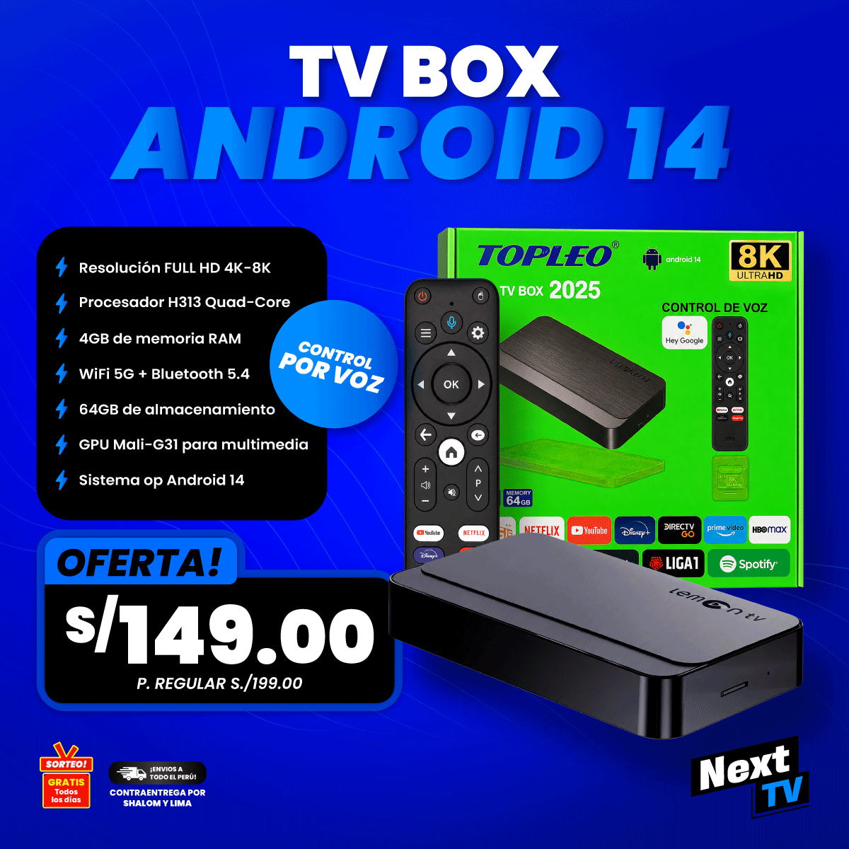 TV Box Android 14 | 4GB RAM + 64GB Memoria | Ultra HD 8K | WiFi + Bluetooth | Control por Voz Google