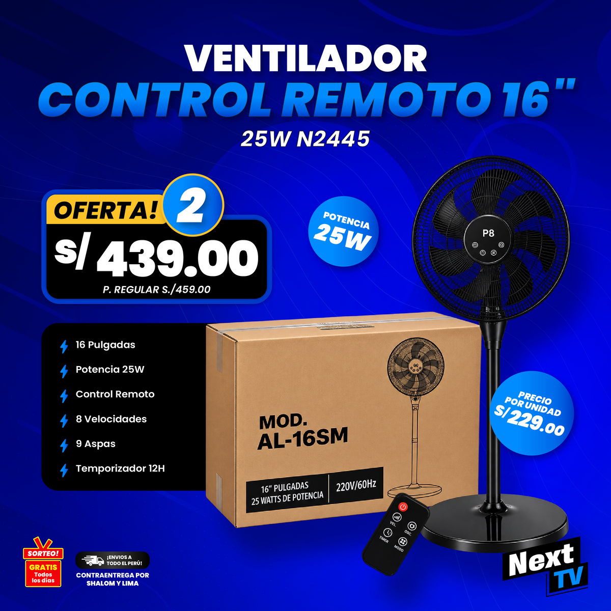 VENTILADOR CONTROL REMOTO 16" 25W N2445