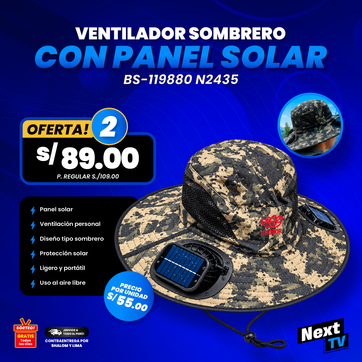 VENTILADOR SOMBRERO CON PANEL SOLAR BS-119880 N2435