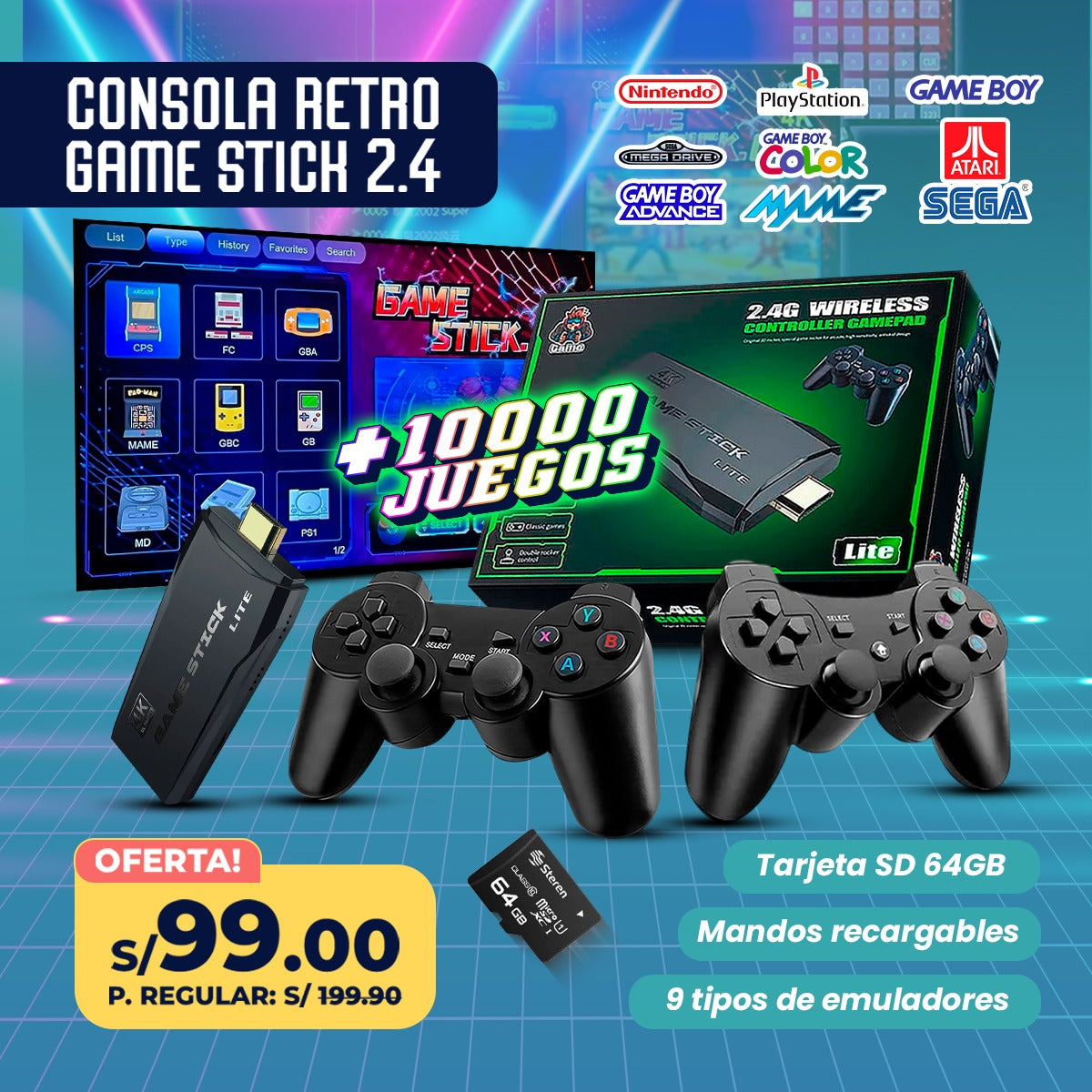 Consola Retro Game Stick 2.4 | +10,000 juegos clásicos | 64GB | Mandos inalámbricos
