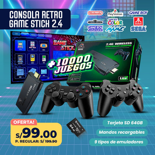 Consola Retro Game Stick 2.4 | +10,000 juegos clásicos | 64GB | Mandos inalámbricos