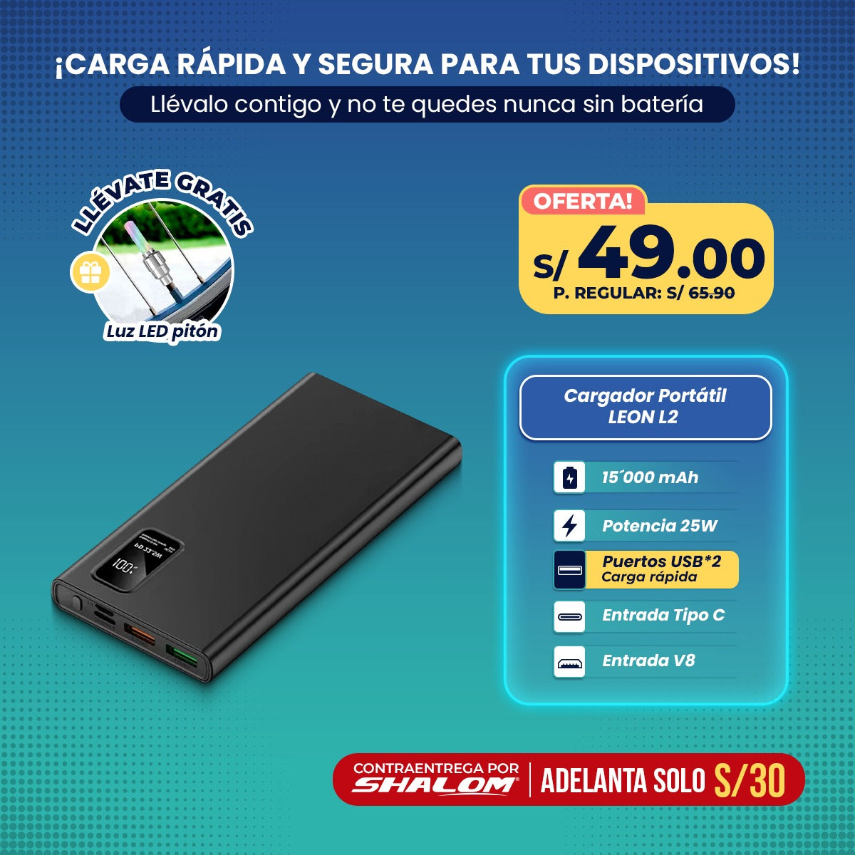 Cargador Portátil LEON L2 – 15,000 mAh / 25W de Potencia