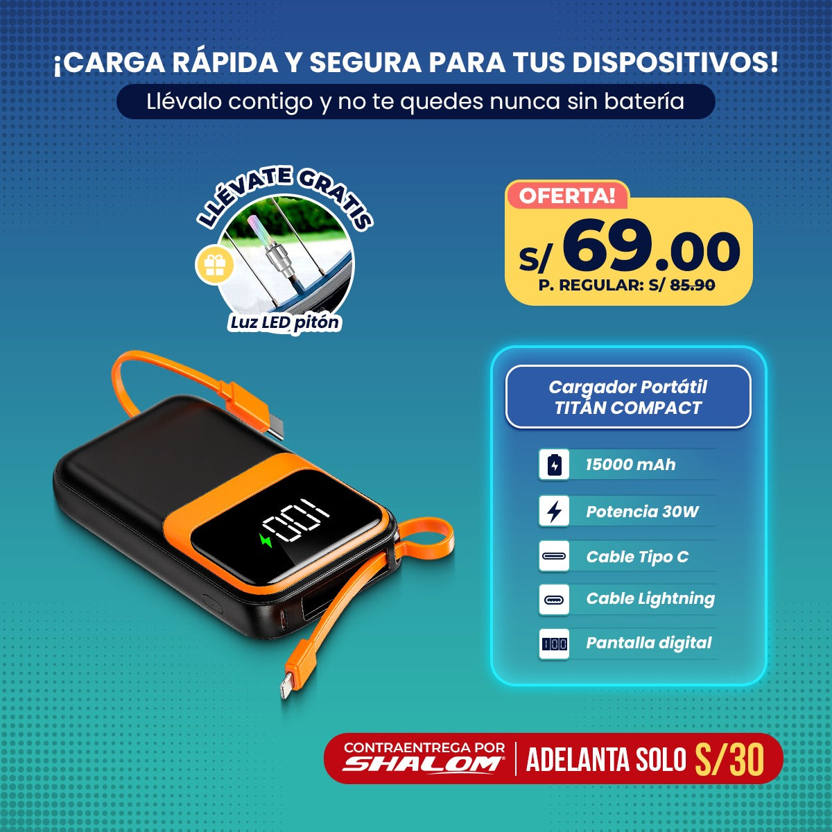 Cargador Portátil TITÁN COMPACT – 15,000 mAh / 30W de Potencia