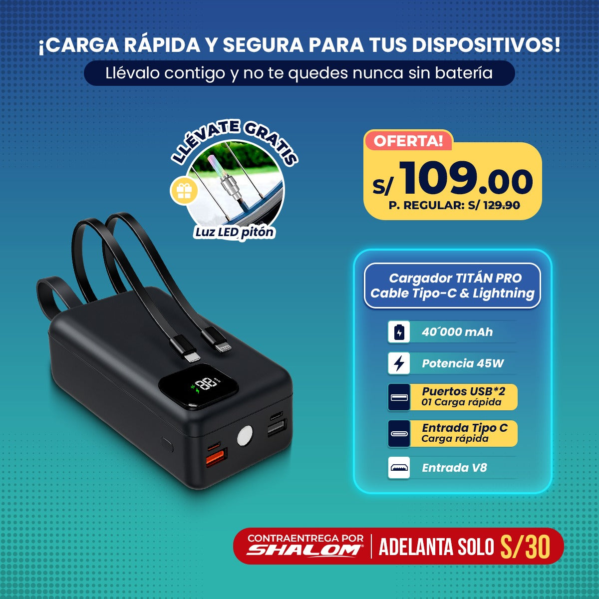 Cargador Portátil TITÁN PRO – 40,000 mAh / 45W de Potencia