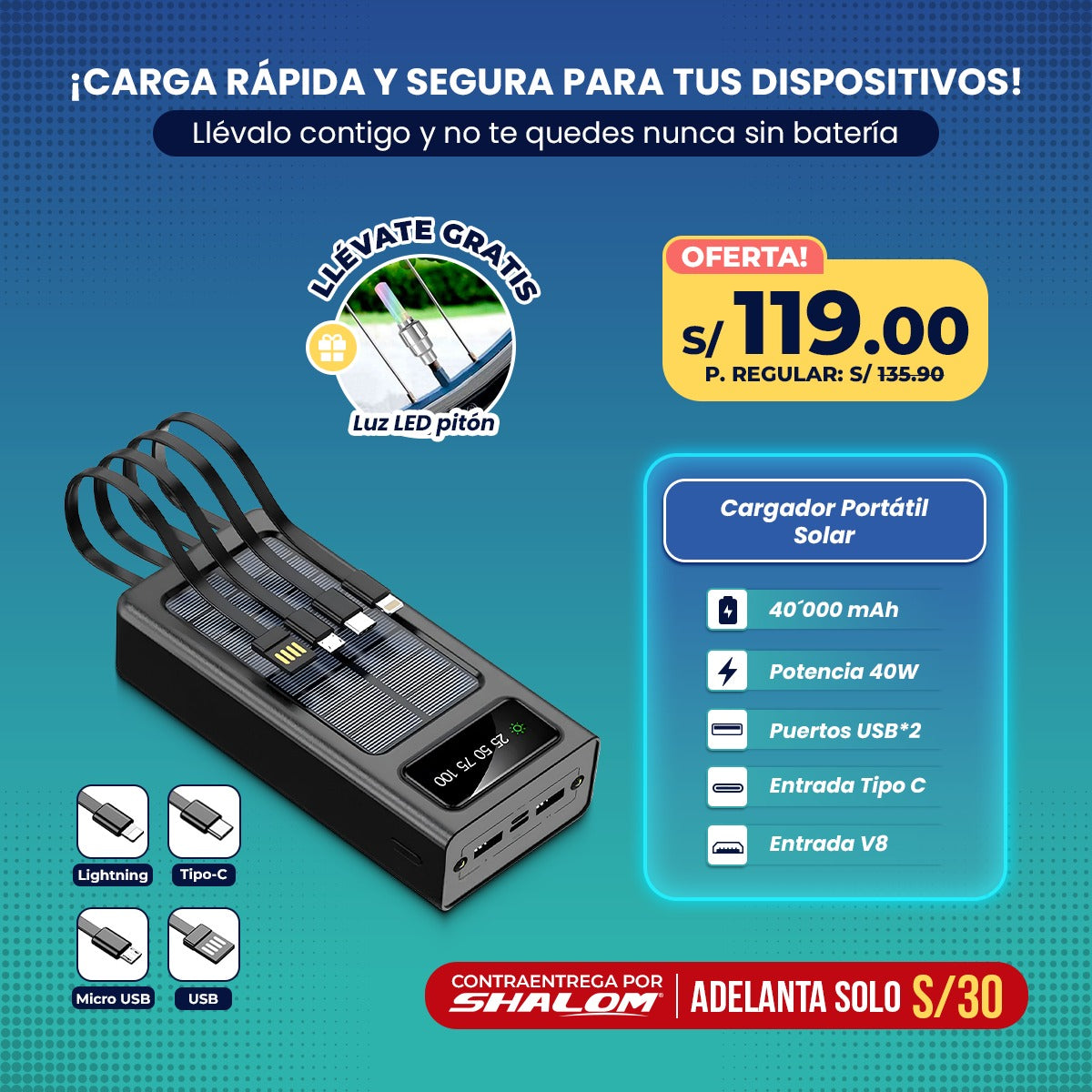 Cargador Portátil Solar – 40,000 mAh / 40W de Potencia