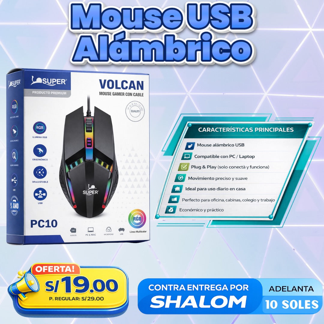 Mouse USB Alámbrico VOLCAN RGB - PC10 🔥