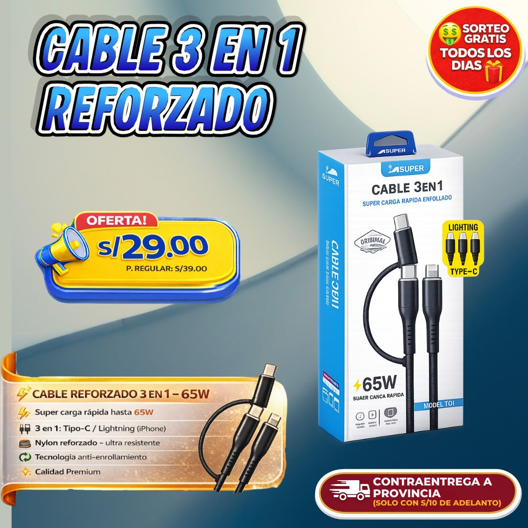 CABLE 3 EN 1 REFORZADO 65W ⚡