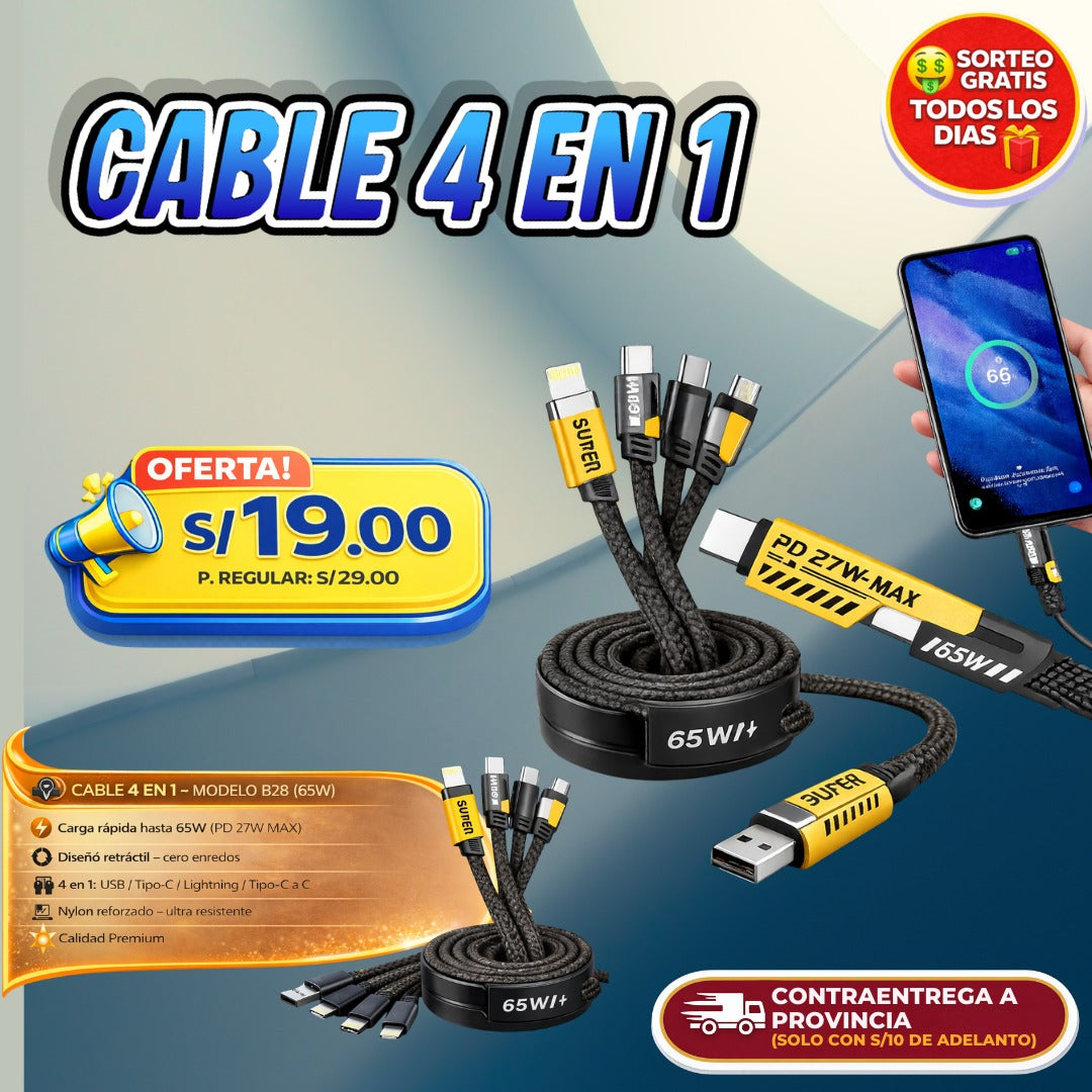 CABLE 4 EN 1 SUPER CARGA RÁPIDA 65W ⚡🔌