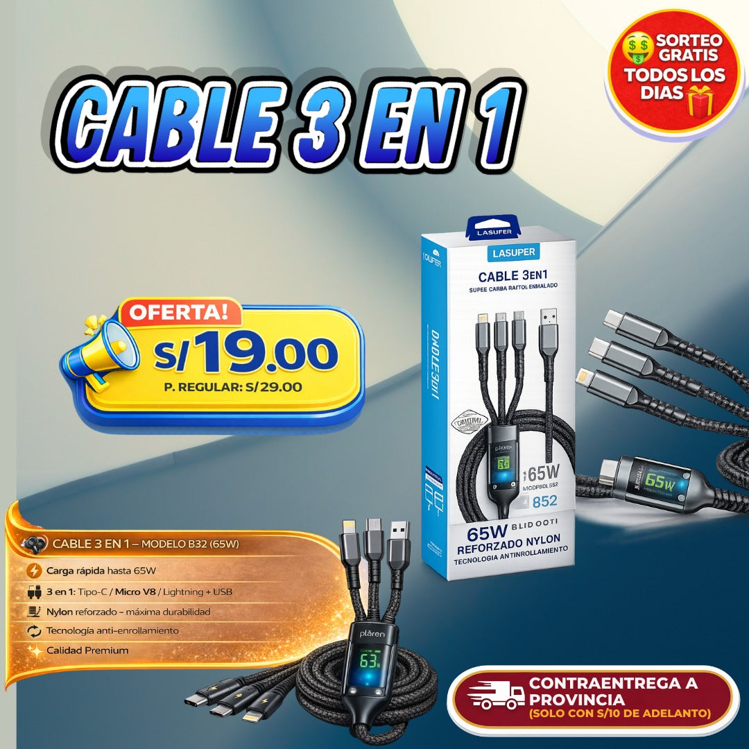 CABLE 3 EN 1 SUPER CARGA RÁPIDA 65W ⚡🔌