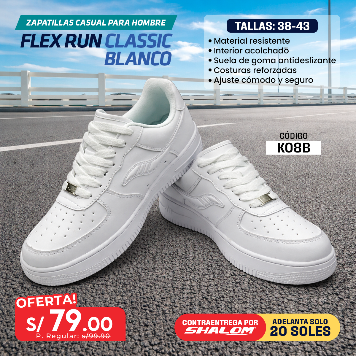 Zapatillas Casual para Hombre Flex Run Classic Blanco - KO8B