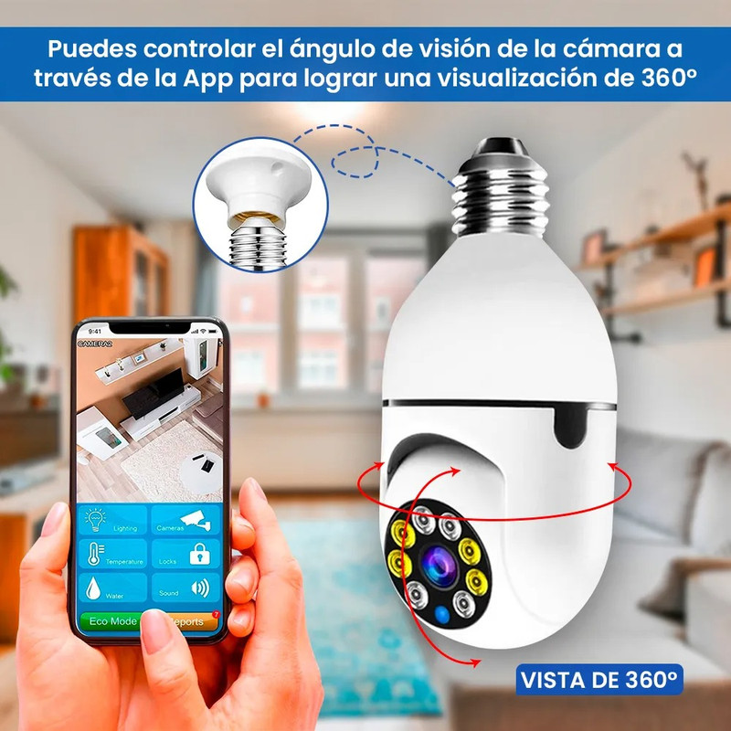 Foco Cámara Espía 360° – Seguridad Total con Visión Panorámica y Conexión WiFi