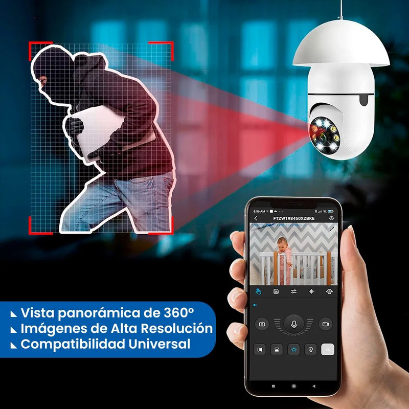 Foco Cámara Espía 360° – Seguridad Total con Visión Panorámica y Conexión WiFi
