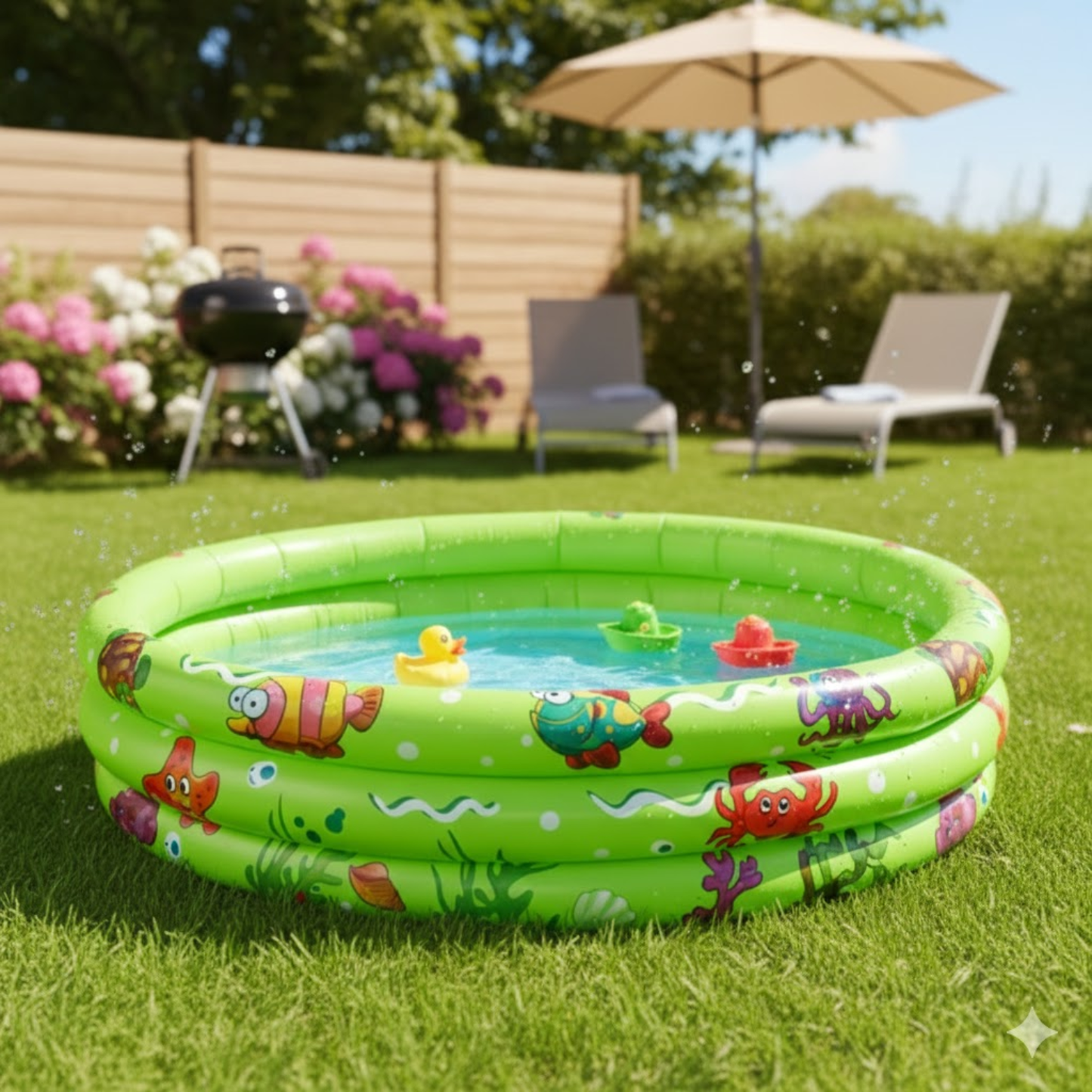 Piscina Inflable para Niños – 120 cm (140 L) Verde con Peces