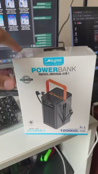 Cargador Portátil Solar 120000mAh OCTOPUS 3 / 4EN1 65W SUPER CARGA RÁPIDA