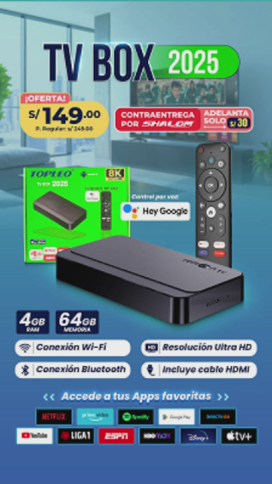 TV Box Android 14 | 4GB RAM + 64GB Memoria | Ultra HD 8K | WiFi + Bluetooth | Control por Voz Google